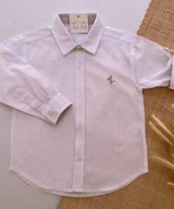 Camisa Luxo Infantil menino Branca com detalhe bege Batizado Casamento Festas Premium