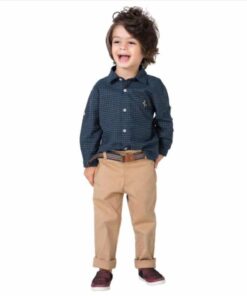 Conjunto Camisa Xadrez Azul Calça Caqui infantil menino