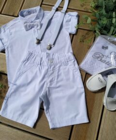 Conjunto de Batizado infantil menino com Bermuda Branca Camisa Manga Curta e Suspensório e Gravata Branco- Lazy