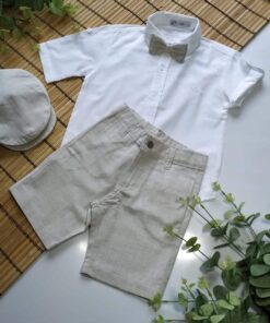 Conjunto de Batizado infantil menino com Bermuda Linho Camisa Manga Curta e gravata Bege