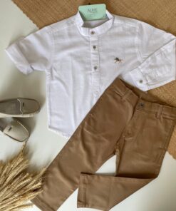 Conjunto Batizado Casamento Infantil Menino Calça Sarja Caqui e Bata Gola Padre