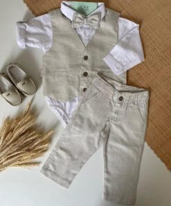 Conjunto Batizado Casamento Premium infantil menino com Body Calça Colete Gravata Bege