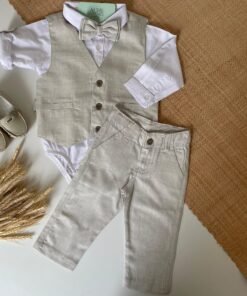 Alternative view of Conjunto Batizado Casamento Premium infantil menino com Body Calça Colete Gravata Bege