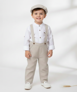 Conjunto Batizado João Guilherme Casamento Verão infantil menino Bata Gola Padre e Jardineira Linho bege Luxo