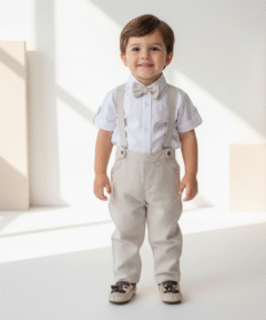 Conjunto Batizado Matheus Casamento infantil menino Camisa Manga Curta e Jardineira Gravata bege