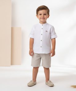 Conjunto Samuel Casamento Batizado Verão infantil menino com Bata Gola Padre e Bermuda Linho bege