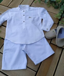 Conjunto Batizado Casamento Verão infantil menino com Bata Gola Padre e Bermuda Branca