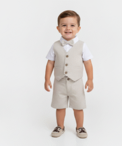 Conjunto Batizado Anthony Premium infantil menino Body Bermuda Gravata Colete Bege