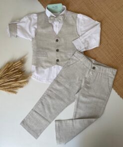 Alternative view of Conjunto Batizado Luiz Henrique Casamento infantil menino Camisa Calça Linho Colete Gravata bege