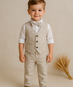 Conjunto Batizado Luiz Henrique Casamento infantil menino Camisa Calça Linho Colete Gravata bege