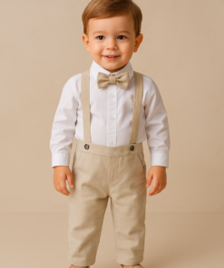 Conjunto Batizado Noah Casamento infantil menino com Body e Jardineira e Gravata bege
