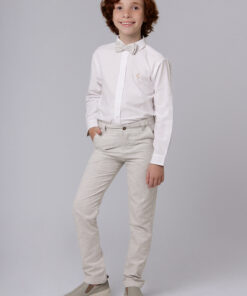 Conjunto Batizado Valentim Casamento infantil menino com Camisa Calça de Linho e Gravata bege