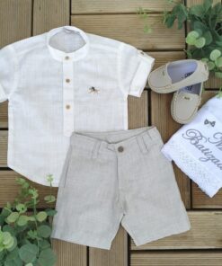 Conjunto Batizado Casamento Verão infantil Bata Manga Curta Gola Padre e Bermuda Linho bege