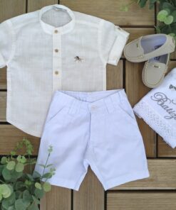 Conjunto Batizado Casamento Verão infantil Bata Manga Curta Gola Padre e Bermuda Branca