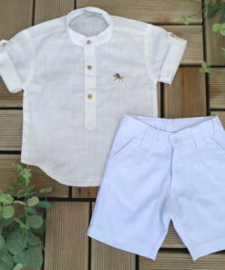 Alternative view of Conjunto Batizado Casamento Verão infantil Bata Manga Curta Gola Padre e Bermuda Branca