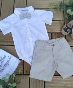 Conjunto Batizado Premium infantil menino Body Bermuda Gravata Bege