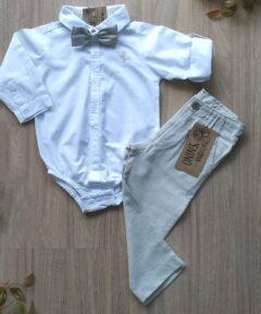 Conjunto Batizado Casamento infantil menino com Body Calça de Linho e Gravata bege