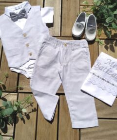 Conjunto Oxford Batizado Premium infantil menino Body Calça Gravata Colete Cinza