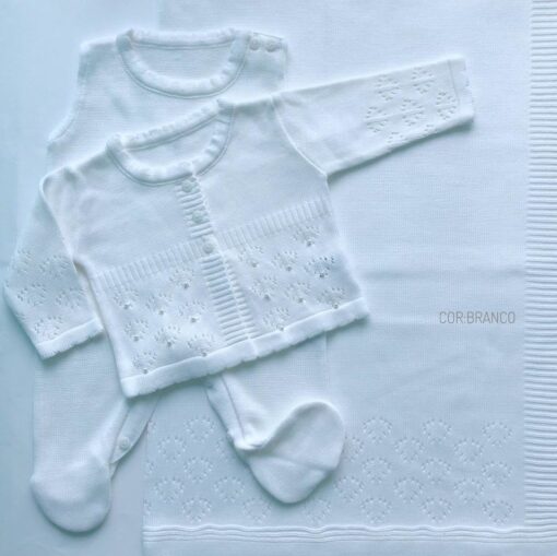 Saida maternidade Tricot bebê menina Mônaco tricô Branco 3 peças luxo