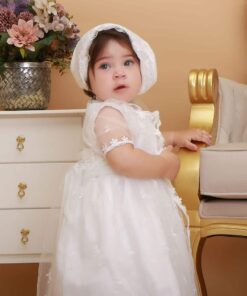 Vestido infantil bebê batizado Mandrião Renda Branco Touca 3 peças Luxo