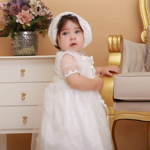 Vestido infantil bebê batizado Mandrião Renda Branco Touca 3 peças Luxo
