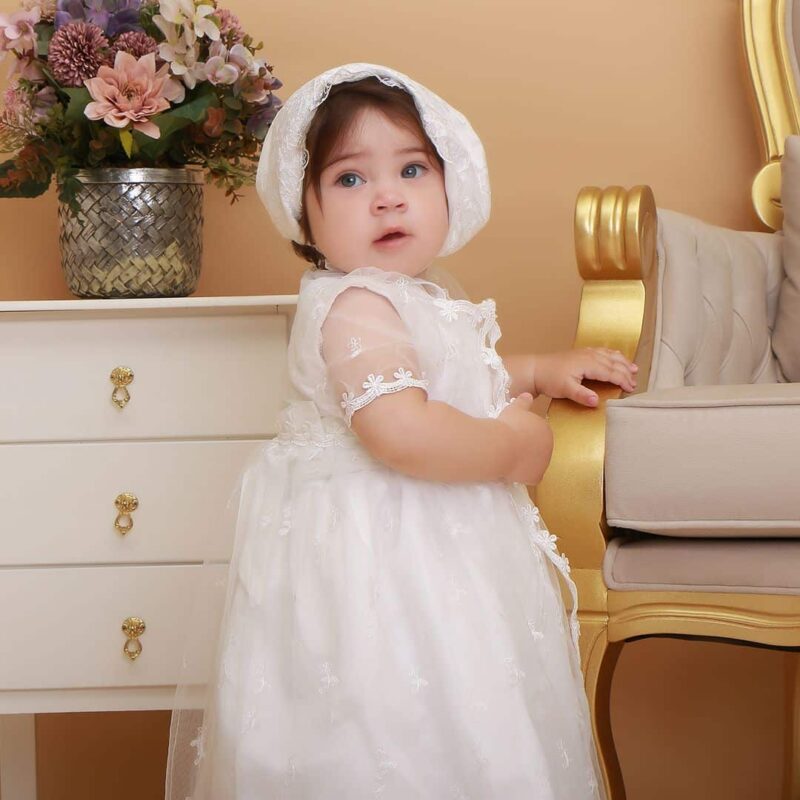 Vestido infantil bebê batizado Mandrião Renda Branco Touca 3 peças Luxo