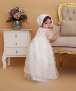 Vestido infantil bebê batizado Mandrião Renda Branco Touca 3 peças Luxo