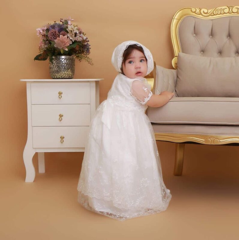 Vestido infantil bebê batizado Mandrião Renda Branco Touca 3 peças Luxo