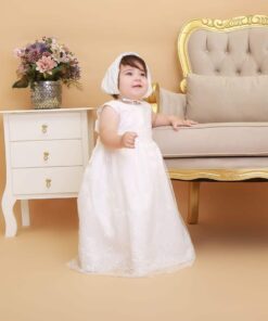 Vestido infantil bebê batizado Mandrião Renda Branco Touca 3 peças Luxo