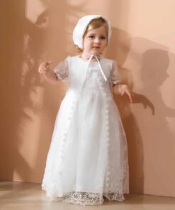 Vestido infantil bebê batizado Mandrião Renda Branco Touca 3 peças Luxo