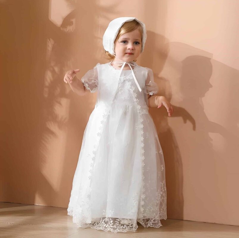Vestido infantil bebê batizado Mandrião Renda Branco Touca 3 peças Luxo