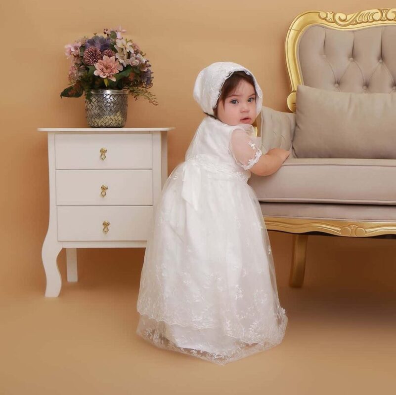 Vestido infantil bebê batizado Mandrião Renda Branco Touca 3 peças Luxo