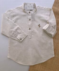 Bata Linho Cru manga longa com gola padre Infantil menino bordado cavalinho