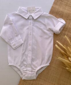 Body Camisa Tricoline Branco Infantil Masculino Bebê Manga Longa Luxo