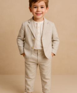 Conjunto Batizado Miguel Casamento infantil menino Camisa Bata Gola Padre Calça e Blazer em Linho Bege