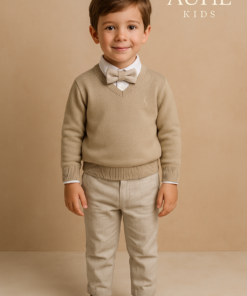 Conjunto Gael Batizado Casamento infantil menino Camisa Calça de Linho Pulôver e Gravata bege
