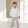 Conjunto Henry Batizado Casamento Infantil Bebê Body Calça de Linho Cardigã e Gravata Bege