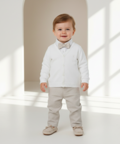 Conjunto Henry Batizado Casamento Infantil Bebê Body Calça de Linho Cardigã e Gravata Bege