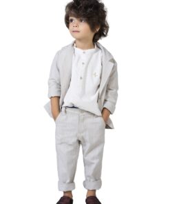 Alternative view of Conjunto Batizado Miguel Casamento infantil menino Camisa Bata Gola Padre Calça e Blazer em Linho Bege