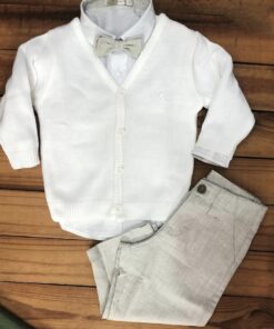 Alternative view of Conjunto Henry Batizado Casamento Infantil Bebê Body Calça de Linho Cardigã e Gravata Bege