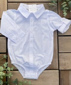 Body Camisa Tricoline Branco Infantil Masculino Bebê Manga Longa Luxo