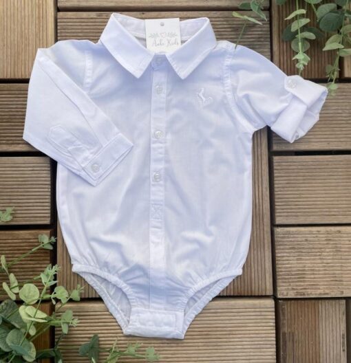Body Camisa Tricoline Branco Infantil Masculino Bebê Manga Longa Luxo