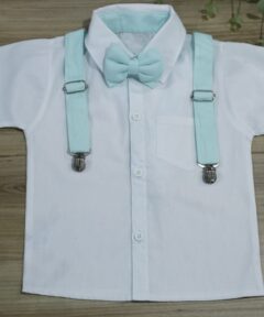 Conjunto Batizado Pajem Casamento Camisa Tricoline Bermuda verde água e suspensório e gravata