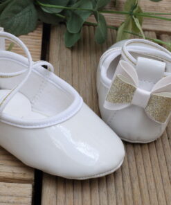 Sapato Infantil Ana feminino Branco Laço Dourado Batizado menina