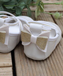 Sapato Infantil Ana feminino Branco Laço Dourado Batizado menina