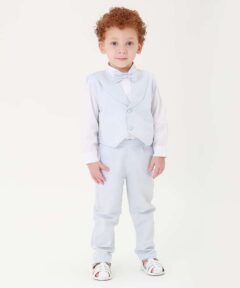 Conjunto Batizado Infantil Menino Calça Camisa Colete e Gravata Azul-bebê Premium