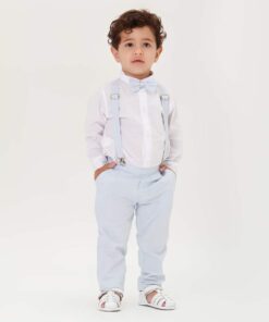 Conjunto Batizado Infantil Menino Calça Camisa Gravata e Suspensório Azul-Bebê Premium