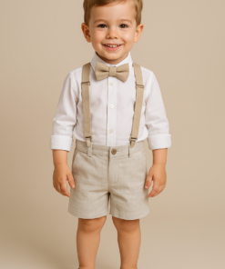 Conjunto Batizado menino Thiago Body Manga Longa Bermuda Linho Gravata Suspensório Bege Premium
