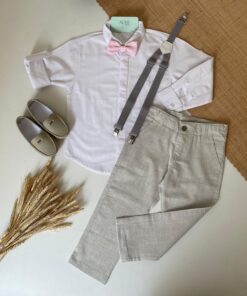 Conjunto Carlos Pajem Infantil Menino Calça Camisa Gravata Rosa e Suspensório Cinza Batizado Premium