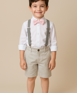 Conjunto Joaquim Premium Pajem Infantil Menino Bermuda Camisa Manga longa Gravata Rosa e Suspensório Cinza